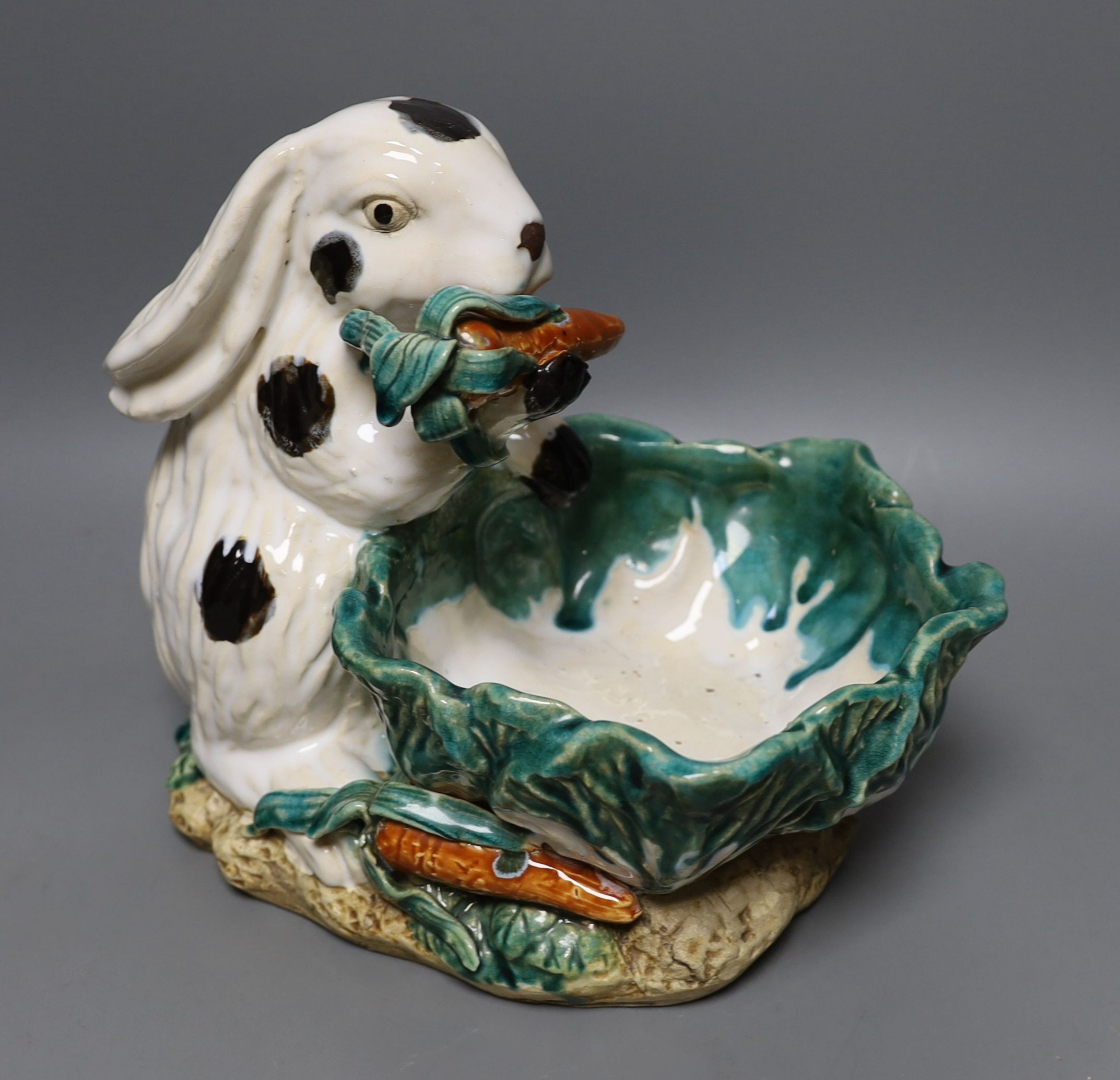 An unusual late 19th century Continental majolica 'rabbit' dish - 26cm tall